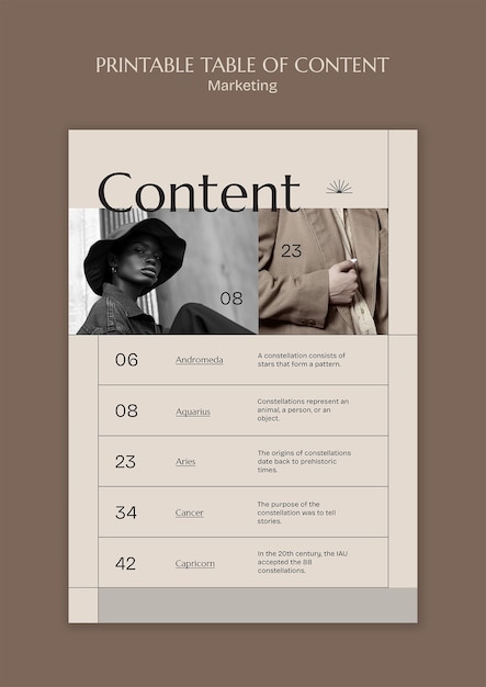 Printable table of contents for marketing material