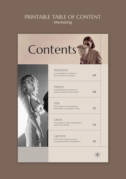 Printable table of contents for marketing materials