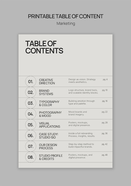Printable table of contents for marketing template