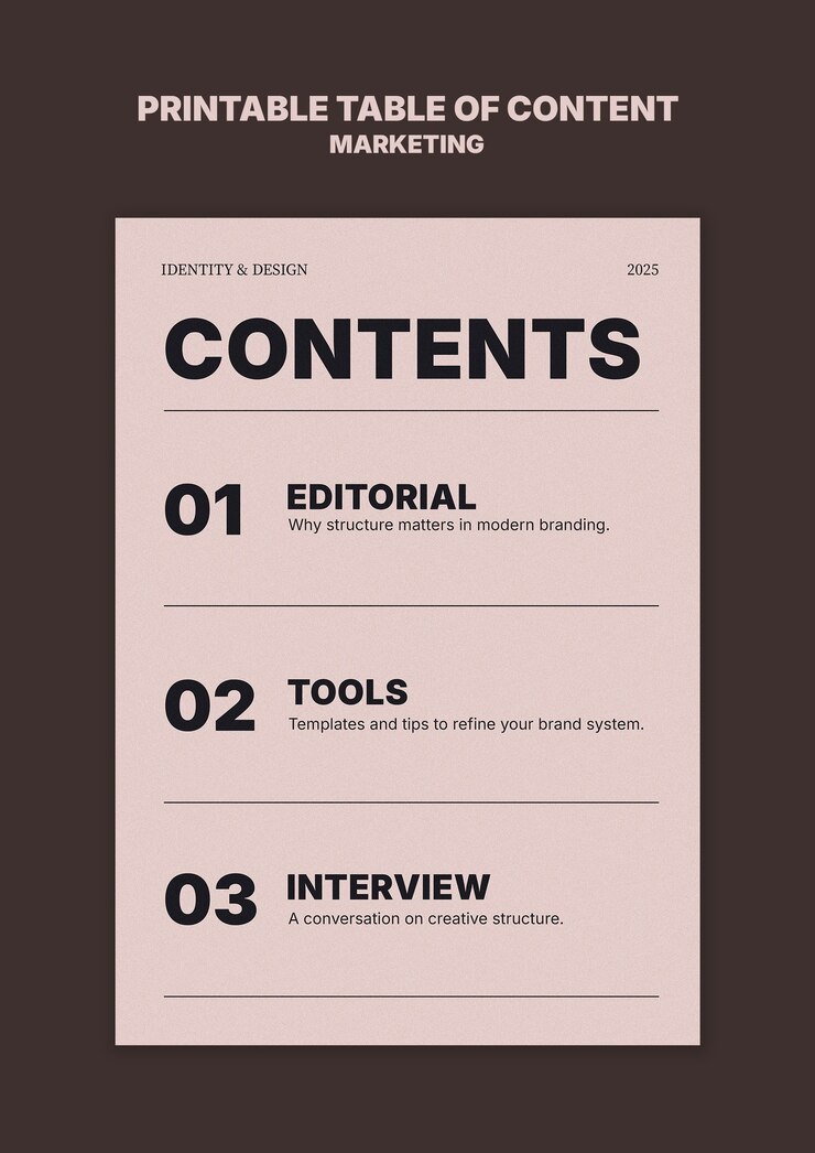 PSD gratuito printable table of contents for marketing template