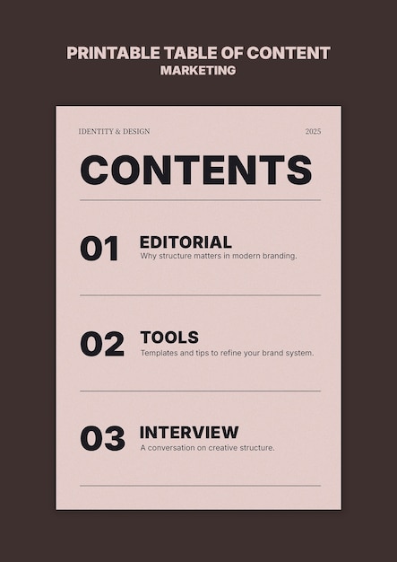 Printable table of contents for marketing template