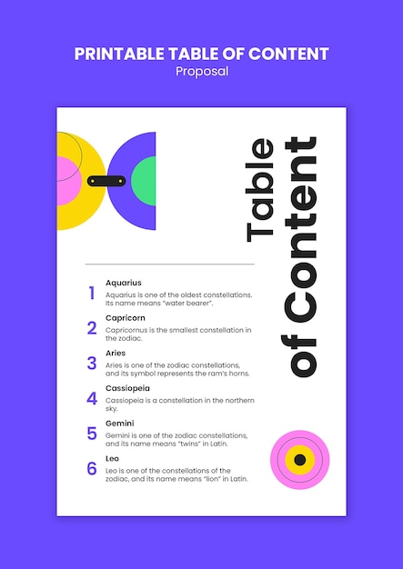 Printable table of contents for a proposal template