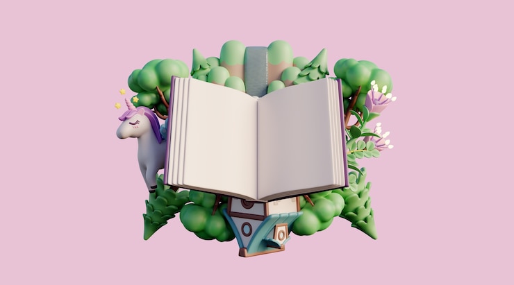 PSD gratuito priorità bassa 3d con il libro per bambini di lettura di favola