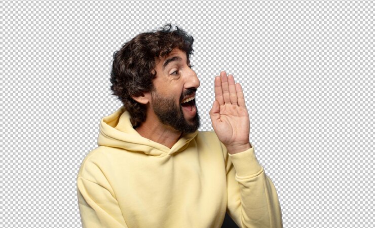 Gratis PSD profiel view kijken gelukkig en opgewonden schreeuwen en bellen om te kopiëren ruimte aan de zijkant