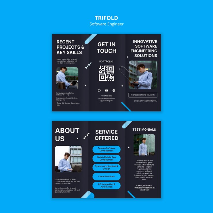 PSD gratuito progettazione del modello di brochure tripla per ingegneri software