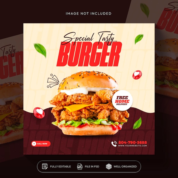 PSD gratuito promoción de burger food en las redes sociales y diseño de plantillas de publicaciones de banners en instagram