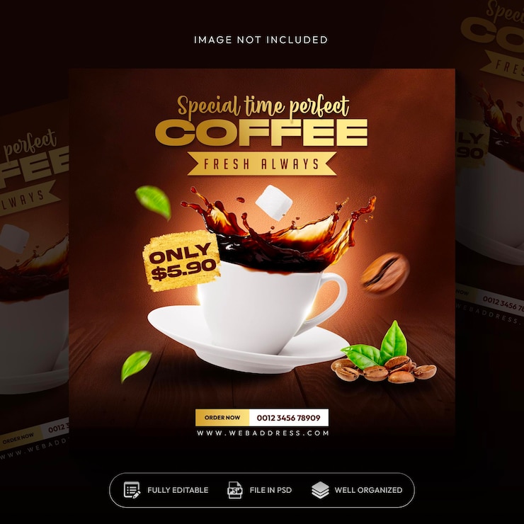 promoción del menú de las bebidas de las cafeterías redes sociales diseño de plantillas de banners de publicaciones de Instagram