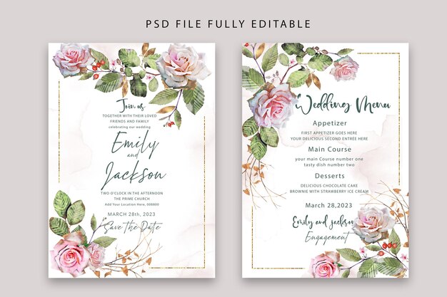 PSD aquarel Elegante bloemen bruiloft uitnodiging sjabloon