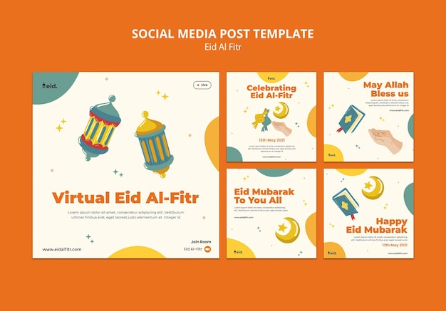 Publicaciones ilustradas de eid al-fitr en redes sociales