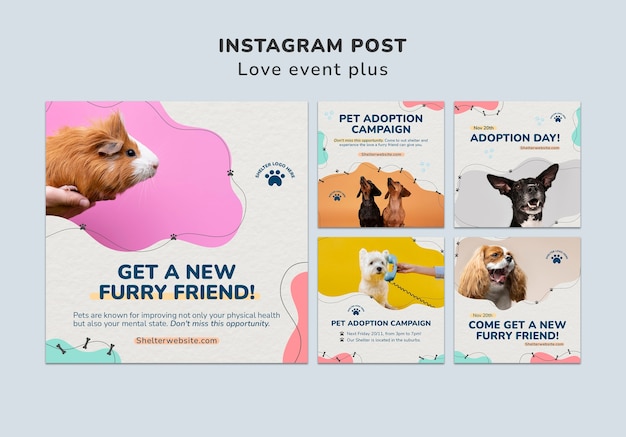 PSD gratuito publicaciones de instagram de adopción de mascotas.