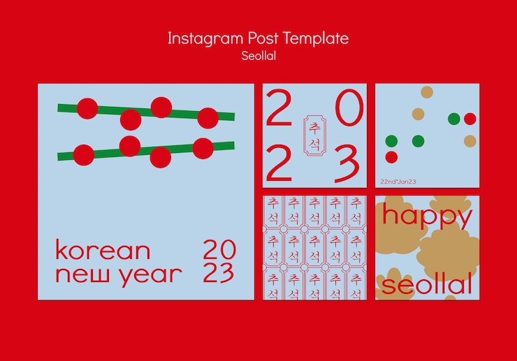 PSD gratuito publicaciones de instagram de año nuevo coreano de diseño plano