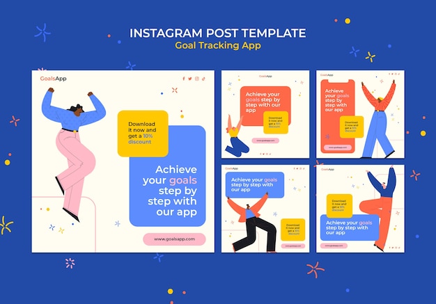 PSD gratuito publicaciones de instagram de la aplicación de seguimiento de objetivos de diseño plano