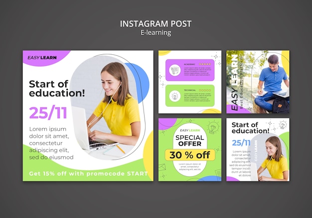 PSD gratuito publicaciones de instagram de aprendizaje electrónico de diseño plano