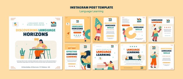 Publicaciones de instagram de aprendizaje de idiomas dibujadas a mano