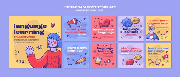 Publicaciones de instagram de aprendizaje de idiomas dibujadas a mano