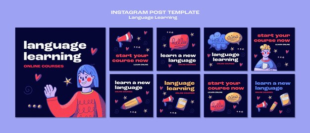 Publicaciones de instagram de aprendizaje de idiomas dibujadas a mano
