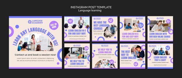 Publicaciones de instagram de aprendizaje de idiomas de diseño plano