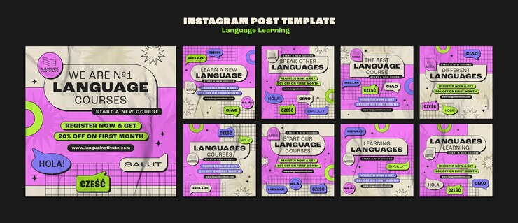 PSD gratuito publicaciones de instagram de aprendizaje de idiomas de diseño plano