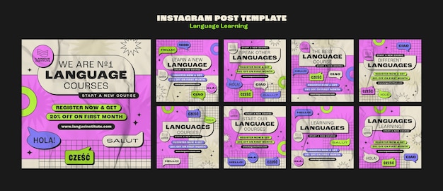 Publicaciones de instagram de aprendizaje de idiomas de diseño plano