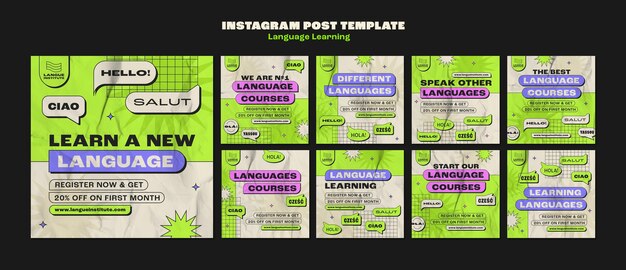 Publicaciones de instagram de aprendizaje de idiomas de diseño plano