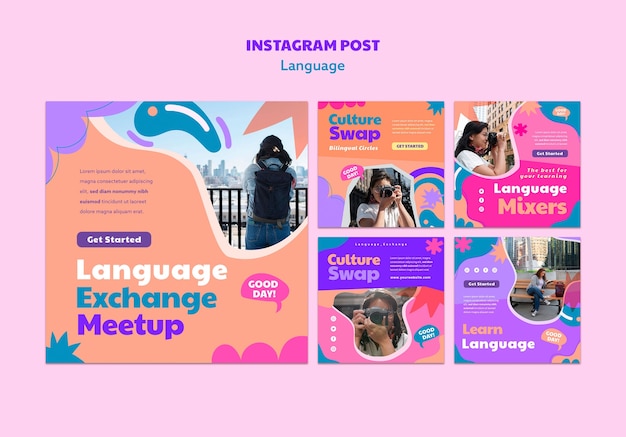 Publicaciones de instagram de aprendizaje de idiomas de diseño plano