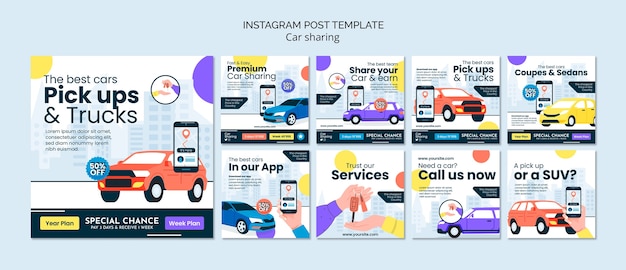 Publicaciones de instagram de auto compartido de diseño plano
