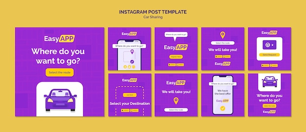 PSD gratuito publicaciones de instagram de auto compartido de diseño plano