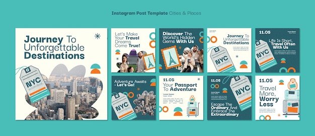 PSD gratuito publicaciones de instagram de aventura de viaje de diseño plano