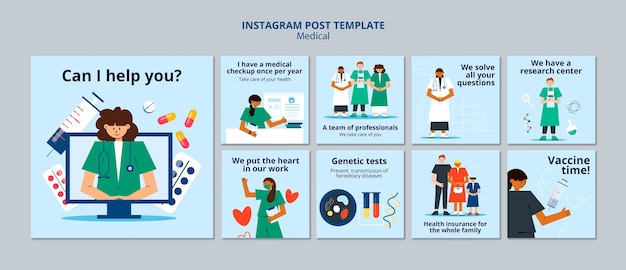 Publicaciones de instagram de ayuda médica de diseño plano