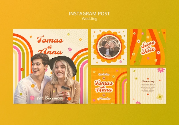 PSD gratuito publicaciones de instagram de celebración de bodas de diseño plano