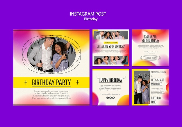 PSD gratuito publicaciones de instagram de celebración de cumpleaños degradado