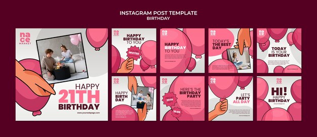 Publicaciones de instagram de celebración de cumpleaños de diseño plano