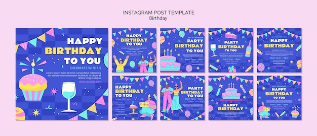 Publicaciones de instagram de celebración de cumpleaños de diseño plano