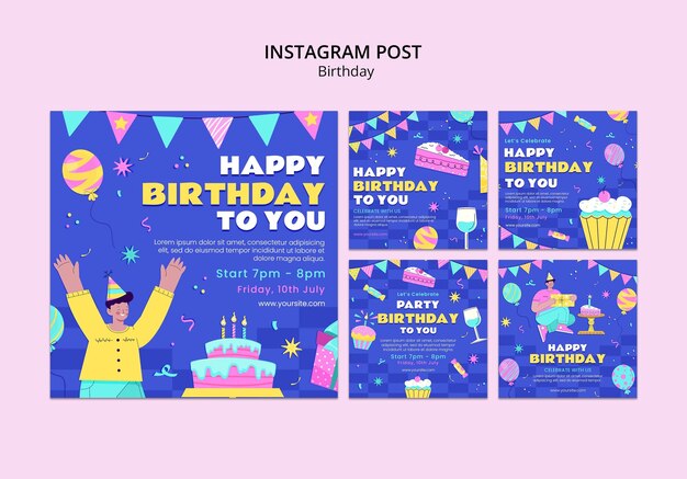 Publicaciones de instagram de celebración de cumpleaños de diseño plano