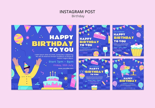 Publicaciones de instagram de celebración de cumpleaños de diseño plano