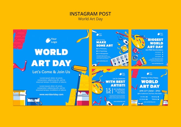 PSD gratuito publicaciones de instagram de celebración del día mundial del arte