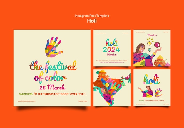 PSD gratuito publicaciones de instagram de celebración del festival holi