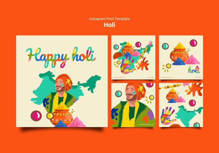 PSD gratuito publicaciones de instagram de celebración del festival holi