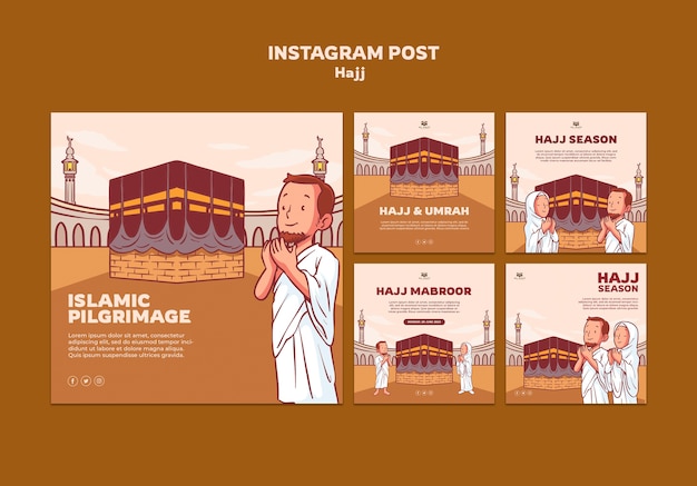 Publicaciones de instagram de celebración del hajj dibujadas a mano