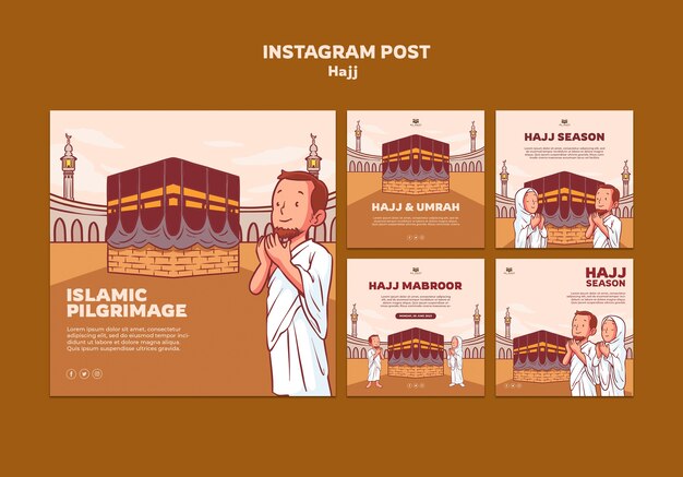 Publicaciones de instagram de celebración del hajj dibujadas a mano