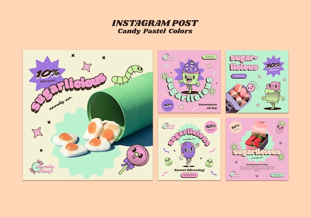 PSD gratuito publicaciones de instagram de colores pastel de caramelo