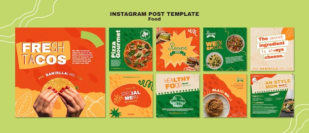 PSD gratuito publicaciones de instagram de comida deliciosa dibujadas a mano