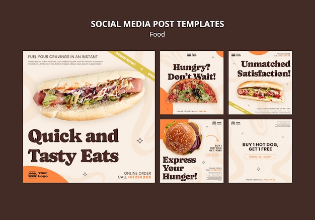 PSD gratuito publicaciones de instagram de comida deliciosa de diseño plano