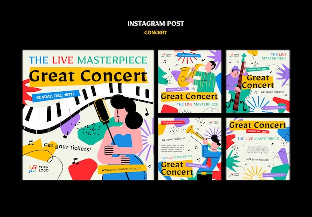 PSD gratuito publicaciones de instagram de concierto de diseño plano