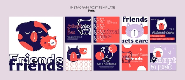 PSD gratuito publicaciones de instagram de cuidado de mascotas dibujadas a mano