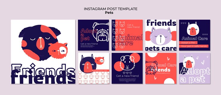PSD gratuito publicaciones de instagram de cuidado de mascotas dibujadas a mano