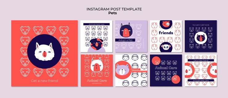 PSD gratuito publicaciones de instagram de cuidado de mascotas dibujadas a mano