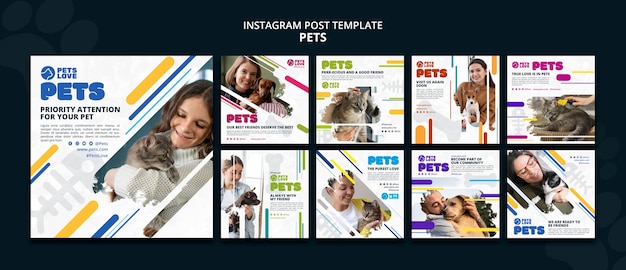 PSD gratuito publicaciones de instagram de cuidado de mascotas de diseño plano