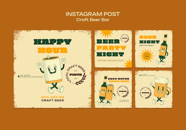 PSD gratuito las publicaciones de instagram del día de la cerveza de diseño plano