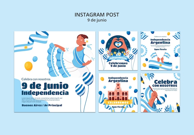 Publicaciones de instagram del día de la independencia argentina de diseño plano